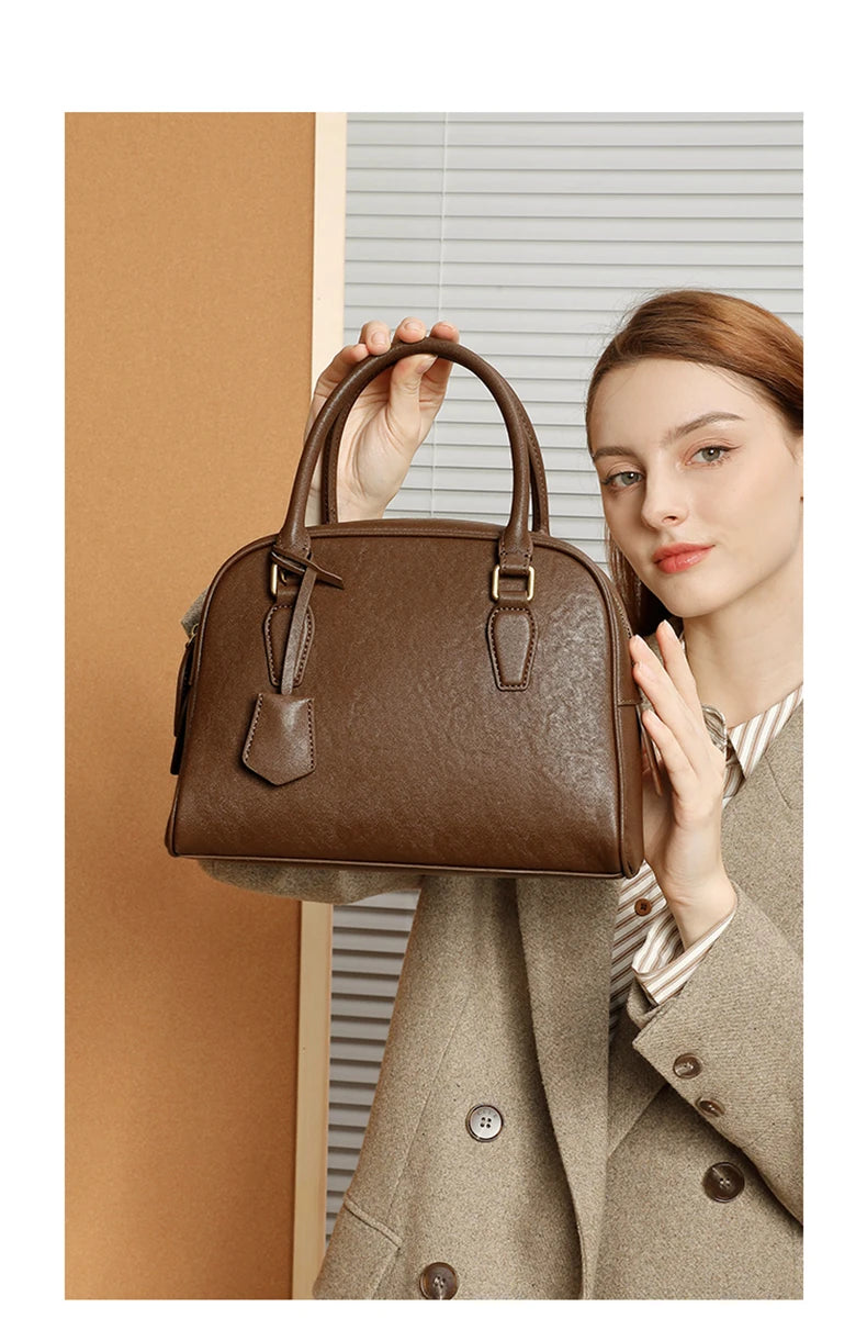 Hifashion Vintage Genuine Leather Bowling Tote Handbags For Women 2025 Luxury Designer Shell Work Ladies Shoulder Crossbody Bags