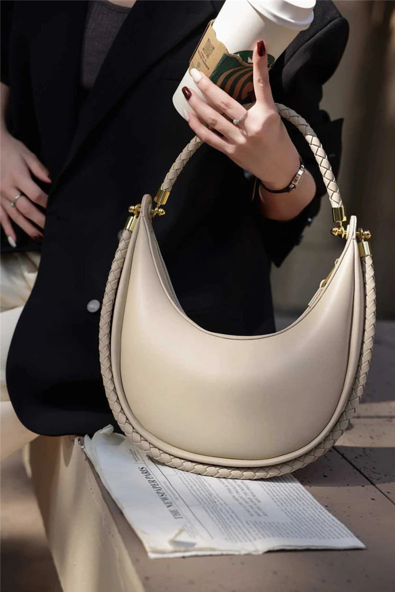 Hifashion Cowhide Genuine Leather Crescent Moon Underarm Shoulder Bags For Women 2025 Luxury Designer Woven Tote Ladies Handbags
