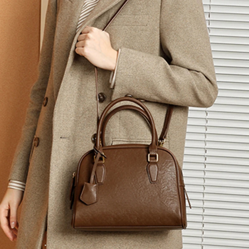 Hifashion Vintage Genuine Leather Bowling Tote Handbags For Women 2025 Luxury Designer Shell Work Ladies Shoulder Crossbody Bags