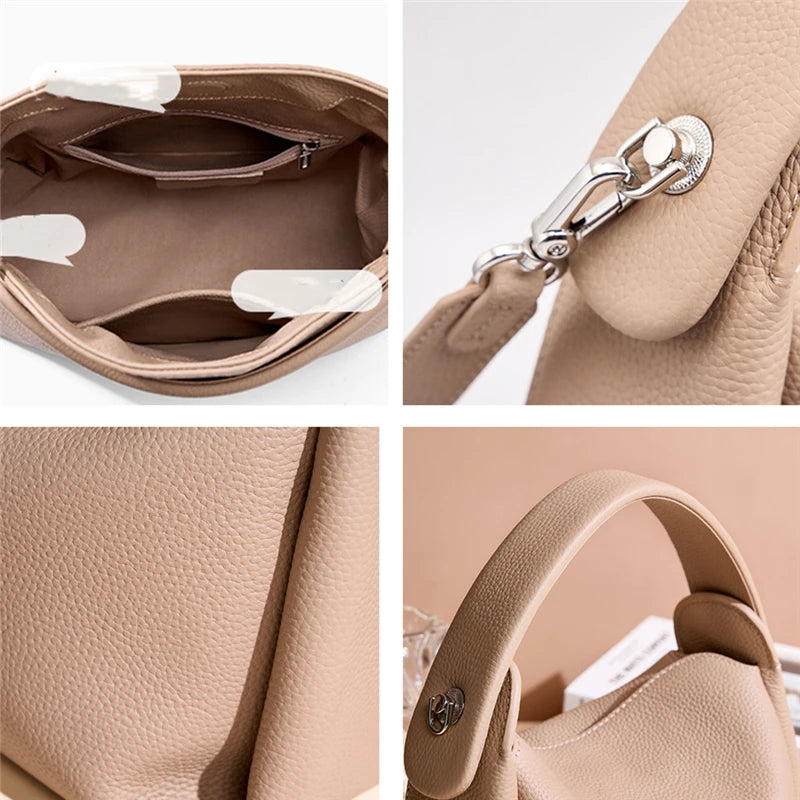Hifashion Cowhide Genuine Leather Small Shoulder Bags For Women 2025 Luxury Designer Work Bucket Tote Crossbody Ladies Handbags