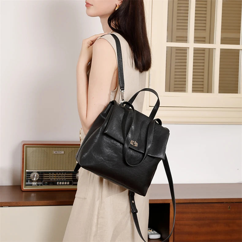 Hifashion Vintage Genuine Leather Backpack For Women 2025 Trend Designer Top Flap College Girls School Bags Work Travel Bagpack