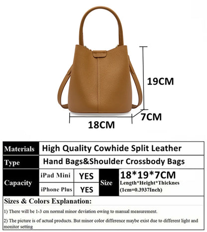 Hifashion Cowhide Genuine Leather Bucket Small Shoulder Bags For Women 2025 Luxury Designer Crossbody Purse Tote Ladies Handbags