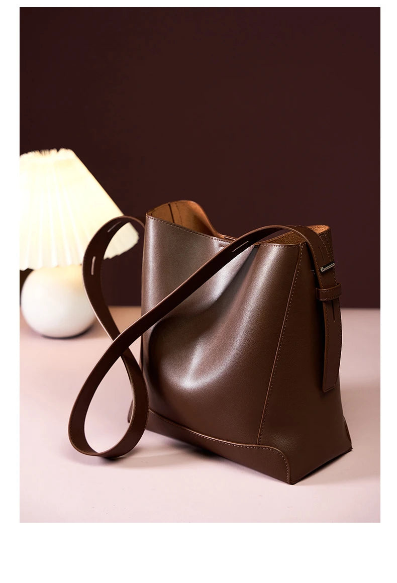 Hifashion Trendy Cow Genuine Leather Bucket Shoulder Bags For Women 2025 Luxury Designer Shopping Work Crossbody Ladies Handbags