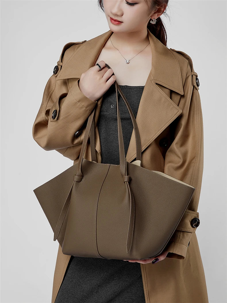 Hifashion Cowhide Genuine Leather Large Tote Shoulder Bags For Women 2025 Trend Designer Trapeze Purses Underarm Ladies Handbags