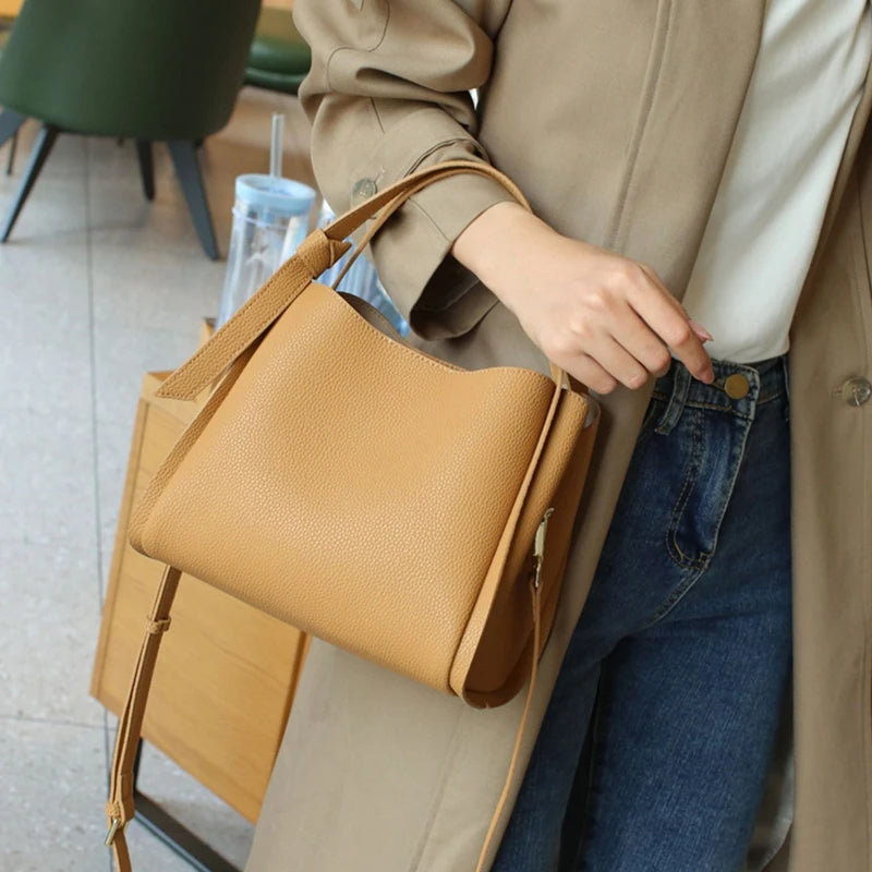 Hifashion Vintage Cow Genuine Leather Bucket Tote Shoulder Bags For Women 2025 Luxury Designer Shopper Crossbody Ladies Handbags