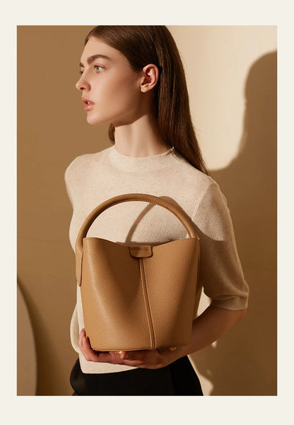 Hifashion Cowhide Genuine Leather Bucket Small Shoulder Bags For Women 2025 Luxury Designer Crossbody Purse Tote Ladies Handbags