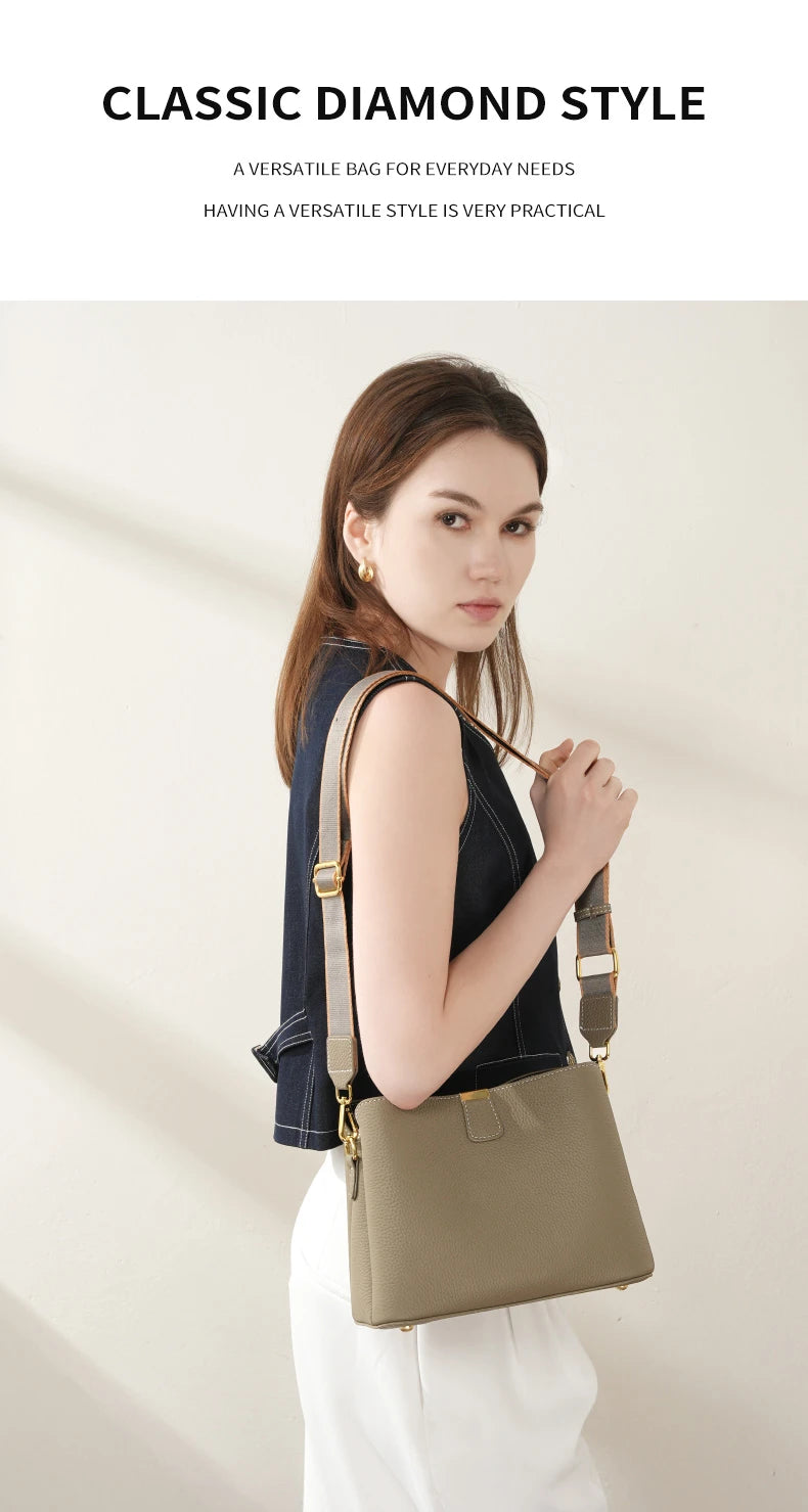 Hifashion 100% Cow Genuine Leather Bucket Shoulder Crossbody Bags For Women 2025 Luxury Designer Wide Strap Tote Ladies Handbags