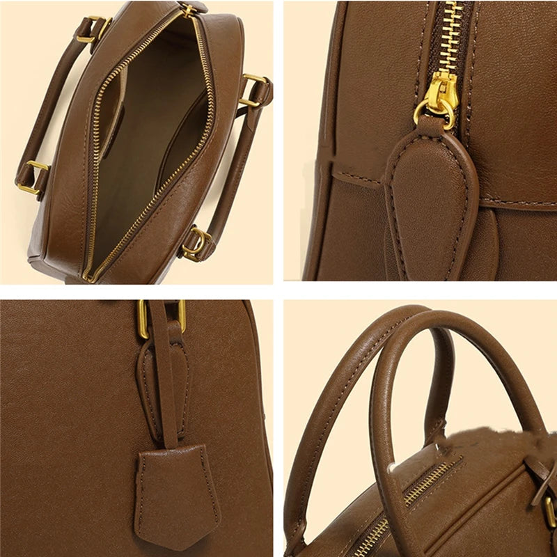 Hifashion Vintage Genuine Leather Bowling Tote Handbags For Women 2025 Luxury Designer Shell Work Ladies Shoulder Crossbody Bags