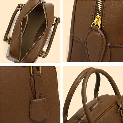 Hifashion Vintage Genuine Leather Bowling Tote Handbags For Women 2025 Luxury Designer Shell Work Ladies Shoulder Crossbody Bags