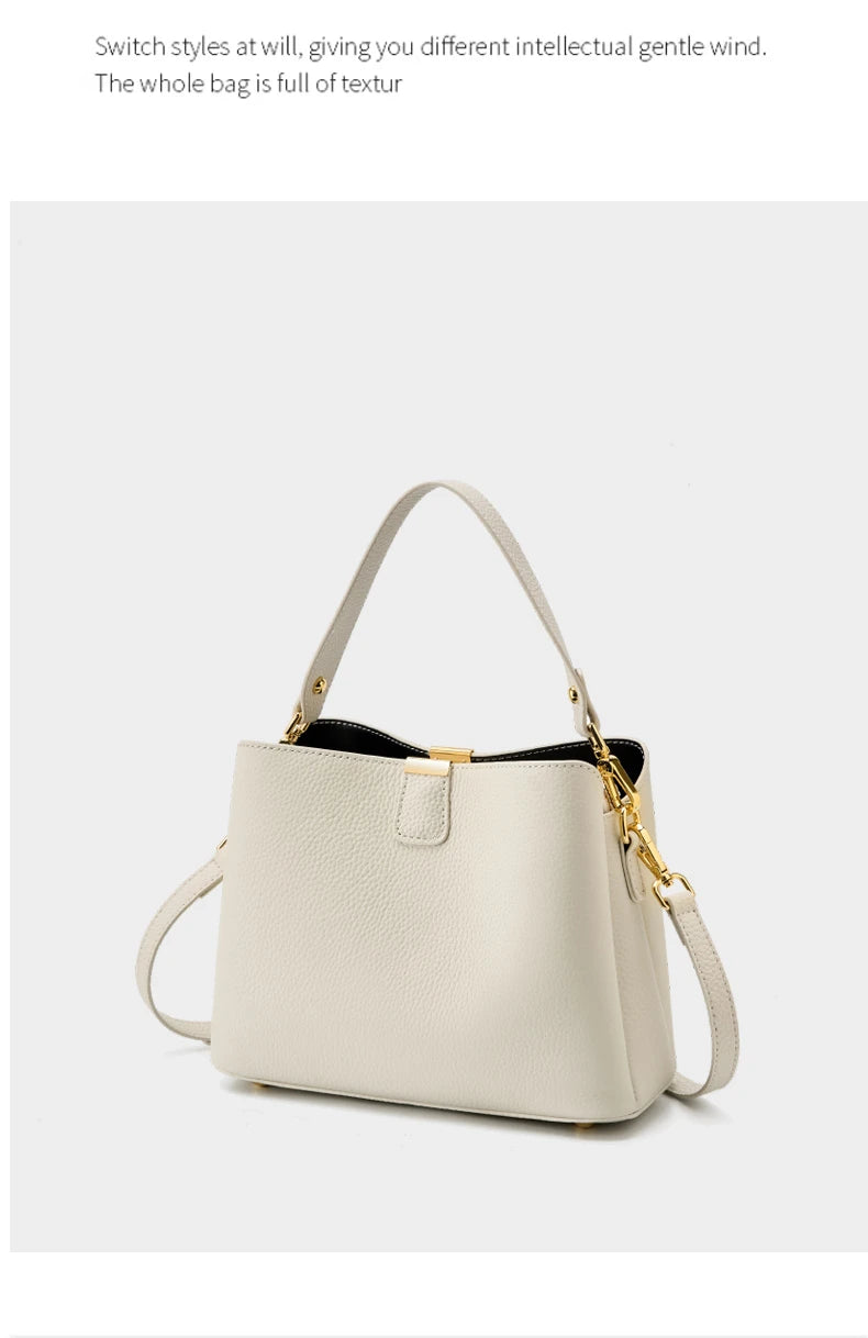 Hifashion 100% Cow Genuine Leather Bucket Shoulder Crossbody Bags For Women 2025 Luxury Designer Wide Strap Tote Ladies Handbags