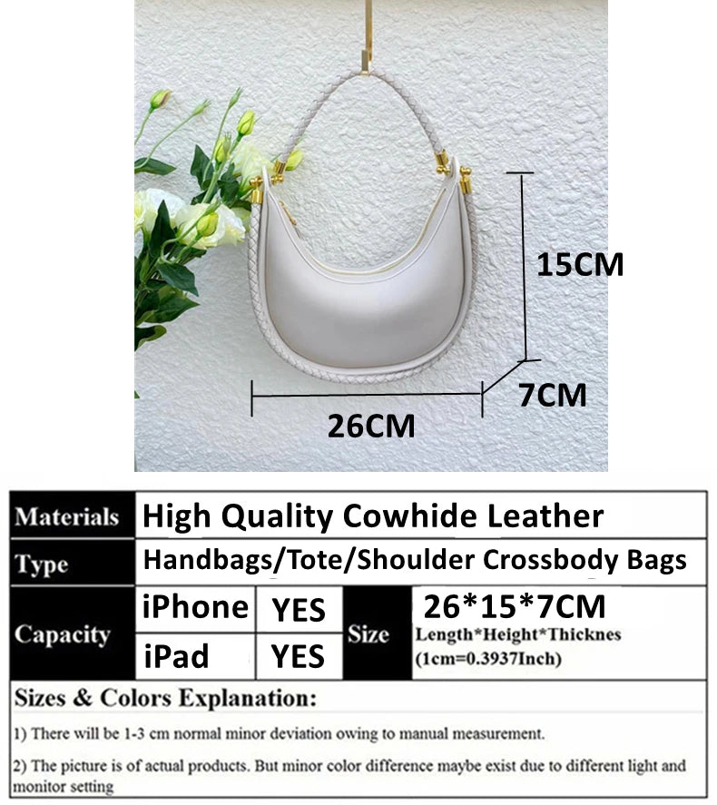 Hifashion Cowhide Genuine Leather Crescent Moon Underarm Shoulder Bags For Women 2025 Luxury Designer Woven Tote Ladies Handbags