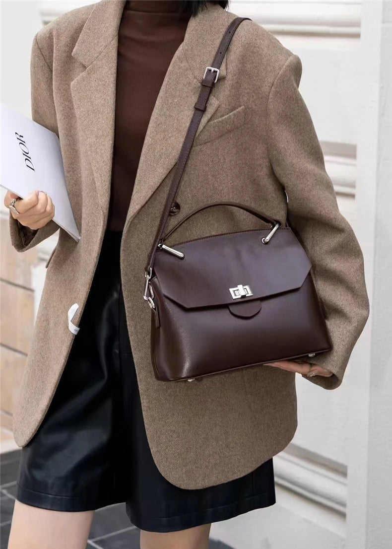 Hifashion Cowhide Genuine Leather Tote Handbags For Women 2025 Trend Designer Satchel Purses Work Ladies Shoulder Crossbody Bags