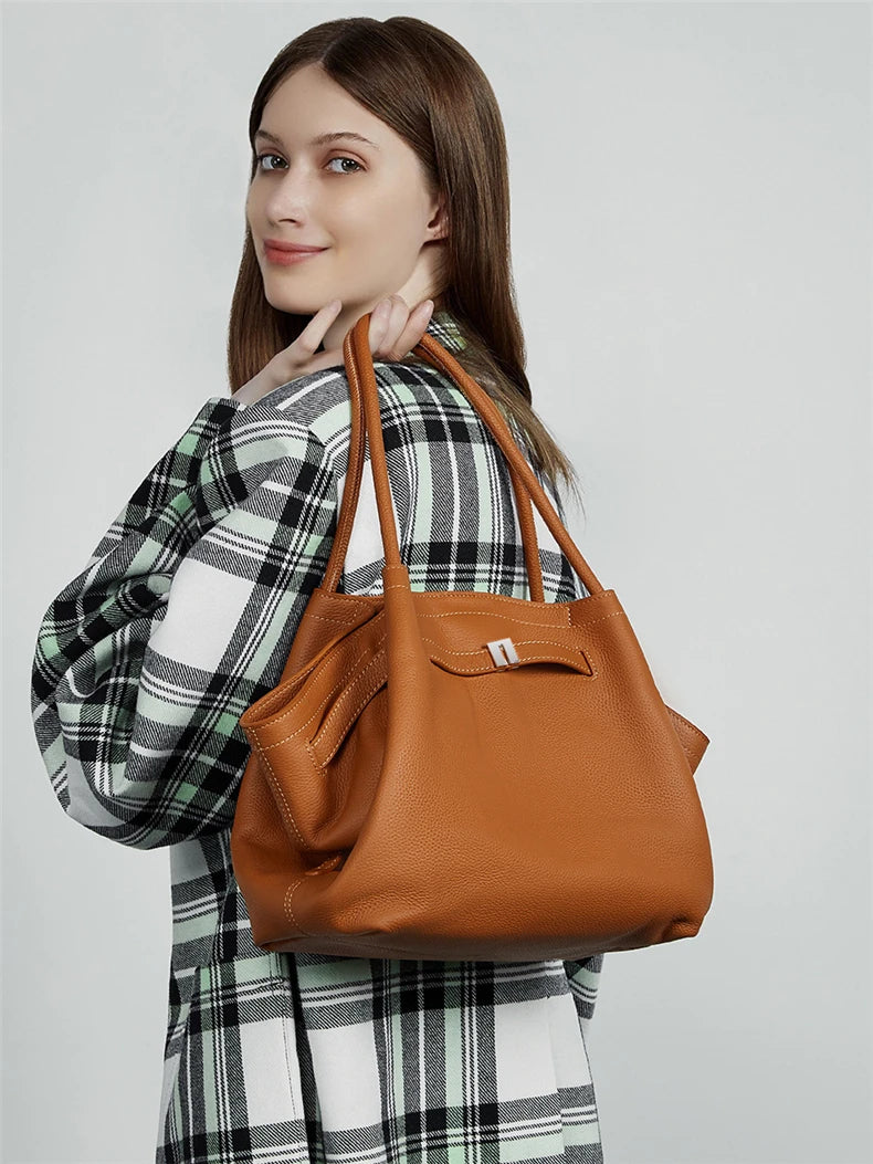 Hifashion Cowhide Genuine Leather Tote Shoulder Bags For Women 2025 Trend Designer Pleated Work Shopper Underarm Ladies Handbags