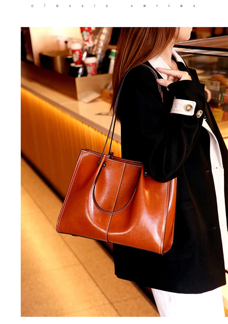 Hifashion Vintage Genuine Leather Large Shoulder Tote Bags For Women 2025 Trend Designer Oil Wax Shopper Office Ladies Handbags
