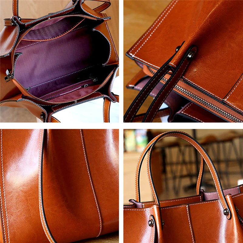 Hifashion Vintage Genuine Leather Large Shoulder Tote Bags For Women 2025 Trend Designer Oil Wax Shopper Office Ladies Handbags