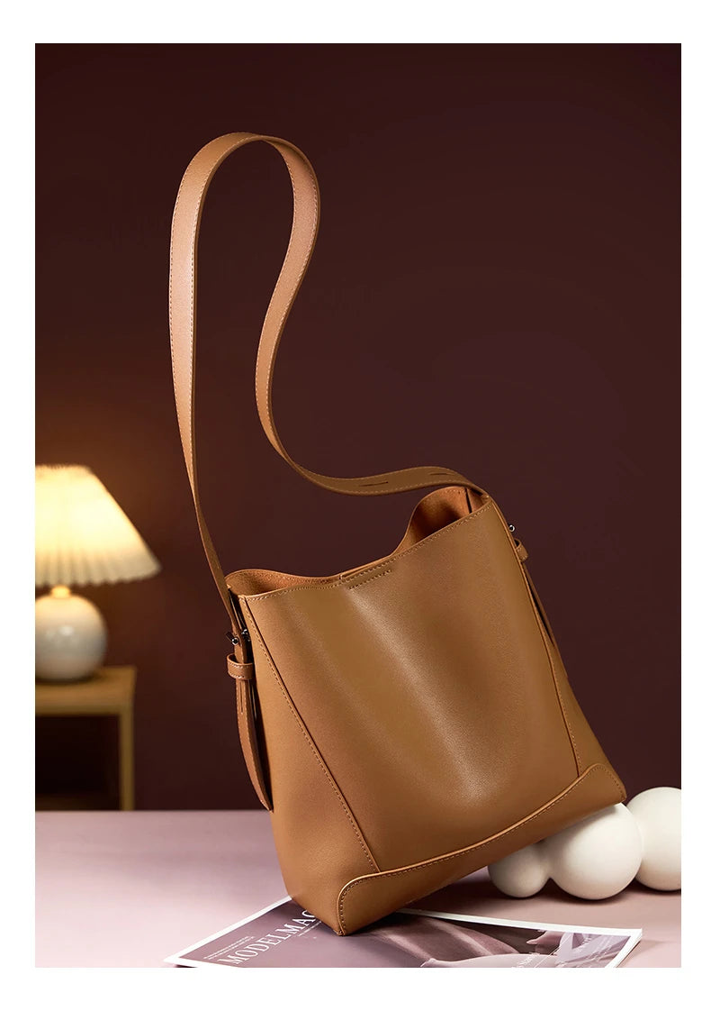 Hifashion Trendy Cow Genuine Leather Bucket Shoulder Bags For Women 2025 Luxury Designer Shopping Work Crossbody Ladies Handbags
