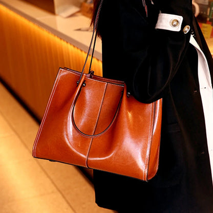 Hifashion Vintage Genuine Leather Large Shoulder Tote Bags For Women 2025 Trend Designer Oil Wax Shopper Office Ladies Handbags