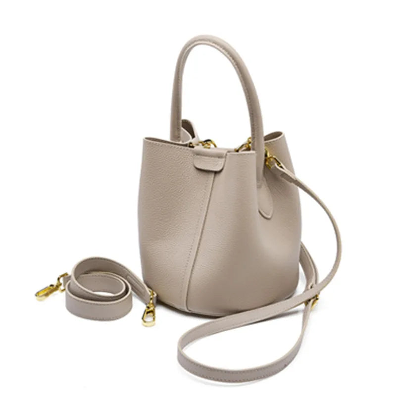 Hifashion Cowhide Genuine Leather Bucket Small Shoulder Bags For Women 2025 Luxury Designer Crossbody Purse Tote Ladies Handbags