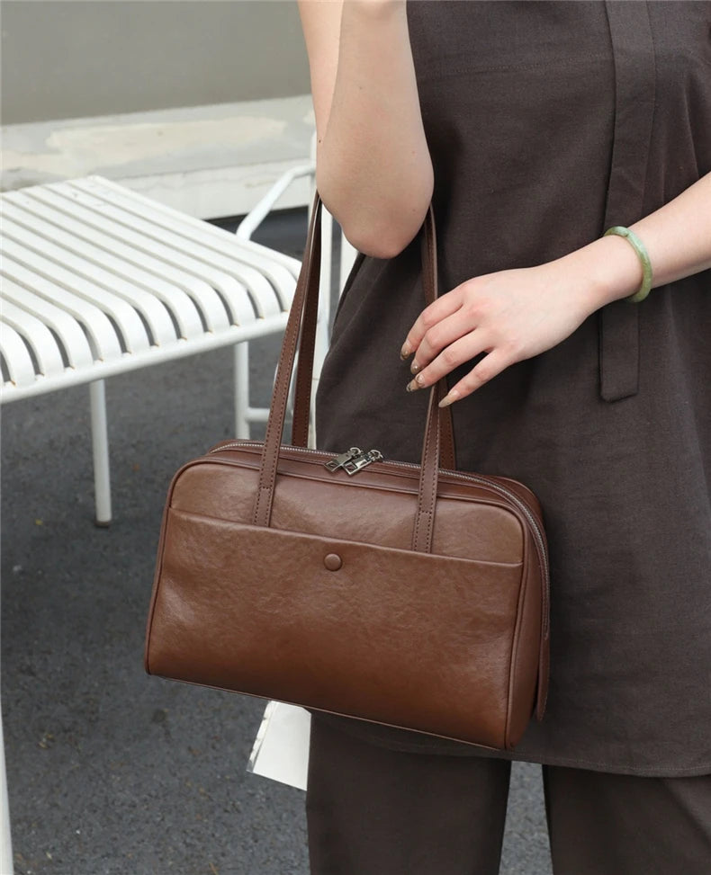 Hifashion Retro Genuine Leather Bowling Underarm Shoulder Bags For Women 2025 Luxury Designer Large Pillow Tote Ladies Handbags