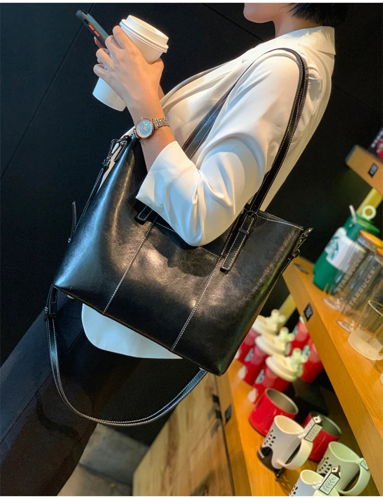 Hifashion Vintage Cow Genuine Leather Large Tote Bags For Women 2025 Luxury Designer Shopping Shoulder Bags Work Ladies Handbags