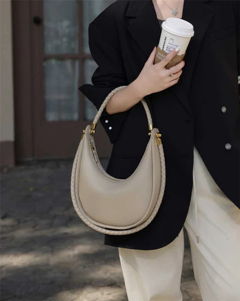 Hifashion Cowhide Genuine Leather Crescent Moon Underarm Shoulder Bags For Women 2025 Luxury Designer Woven Tote Ladies Handbags