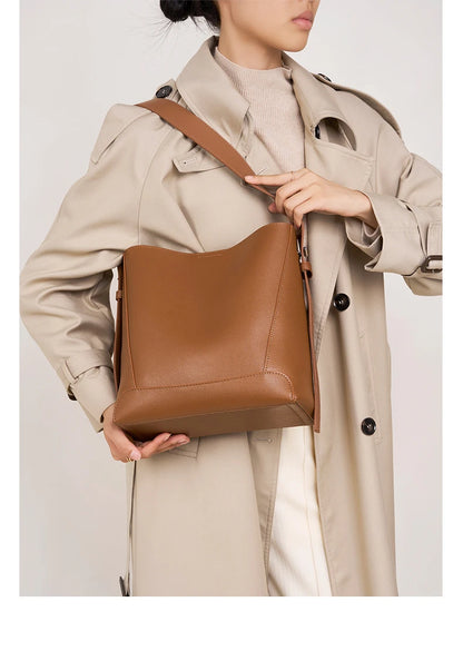 Hifashion Trendy Cow Genuine Leather Bucket Shoulder Bags For Women 2025 Luxury Designer Shopping Work Crossbody Ladies Handbags