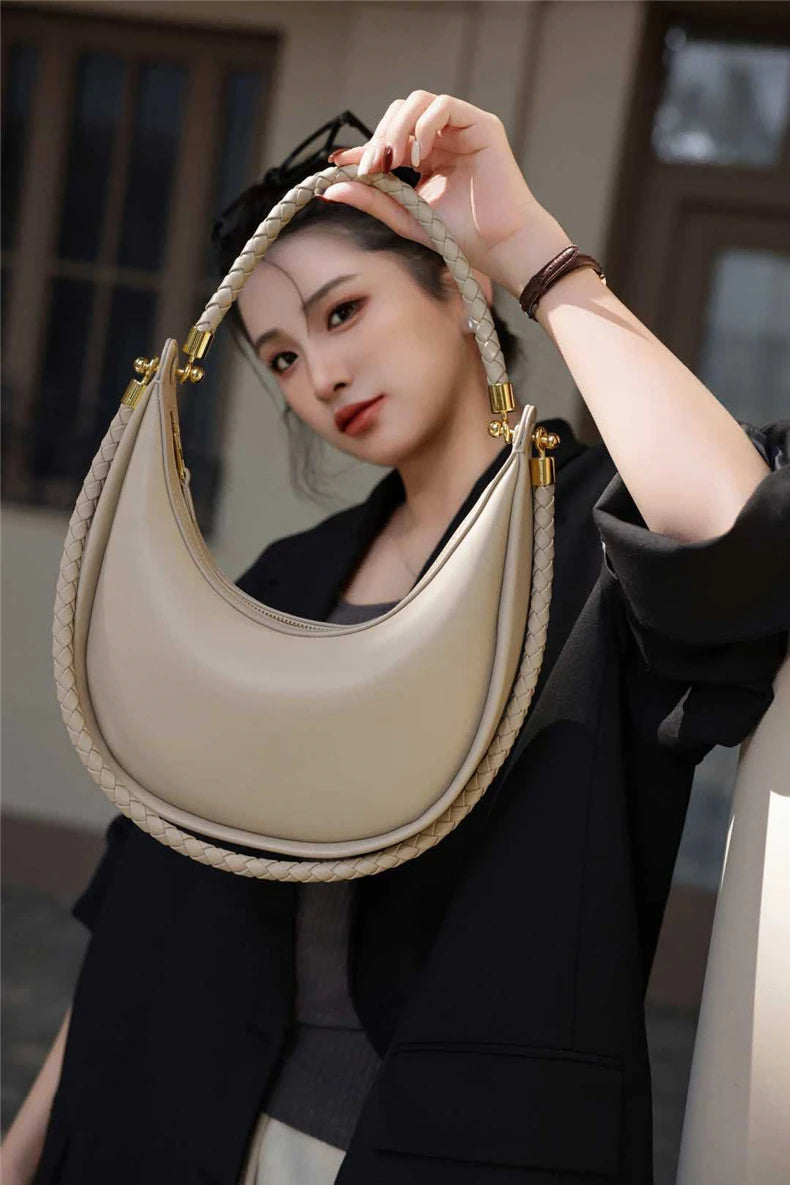 Hifashion Cowhide Genuine Leather Crescent Moon Underarm Shoulder Bags For Women 2025 Luxury Designer Woven Tote Ladies Handbags