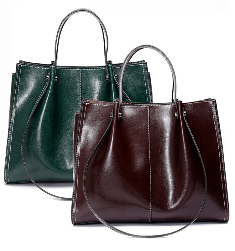 Hifashion Vintage Genuine Leather Large Shoulder Tote Bags For Women 2025 Trend Designer Oil Wax Shopper Office Ladies Handbags