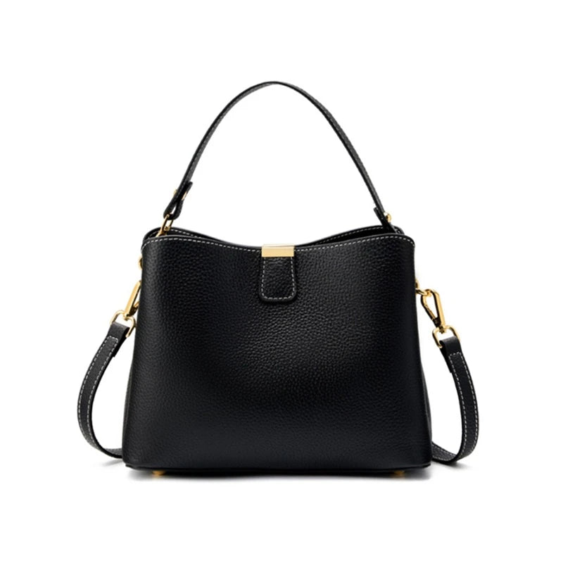 Hifashion 100% Cow Genuine Leather Bucket Shoulder Crossbody Bags For Women 2025 Luxury Designer Wide Strap Tote Ladies Handbags