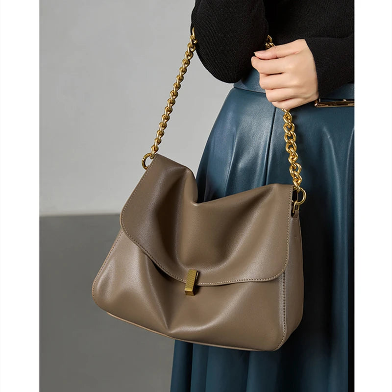 Hifashion Retro Genuine Leather Large Chain Shoulder Bags For Women 2025 Luxury Designer Messenger Satchel Work Ladies Handbags