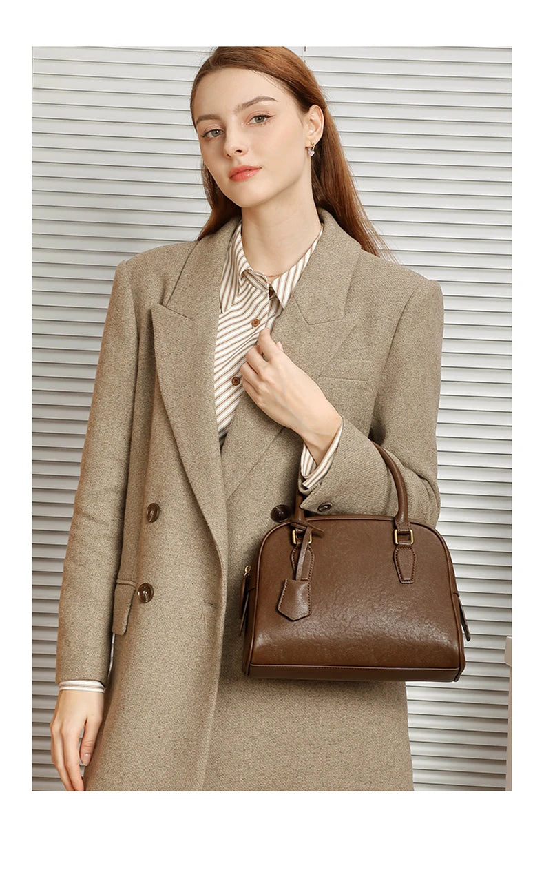 Hifashion Vintage Genuine Leather Bowling Tote Handbags For Women 2025 Luxury Designer Shell Work Ladies Shoulder Crossbody Bags