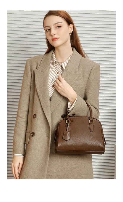 Hifashion Vintage Genuine Leather Bowling Tote Handbags For Women 2025 Luxury Designer Shell Work Ladies Shoulder Crossbody Bags