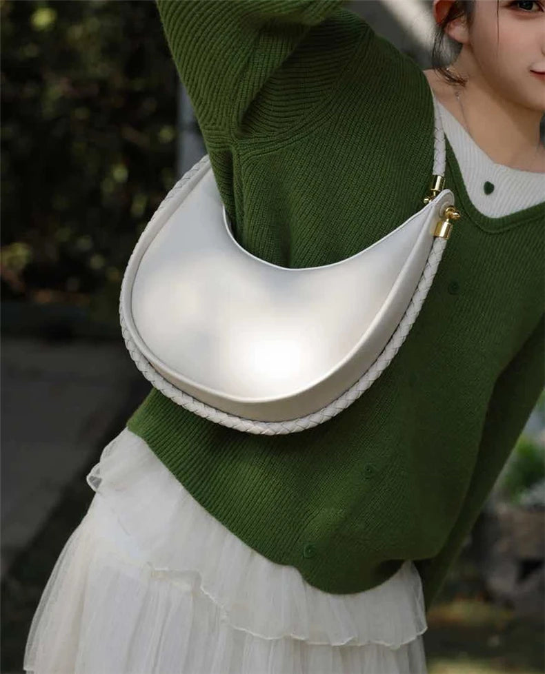 Hifashion Cowhide Genuine Leather Crescent Moon Underarm Shoulder Bags For Women 2025 Luxury Designer Woven Tote Ladies Handbags