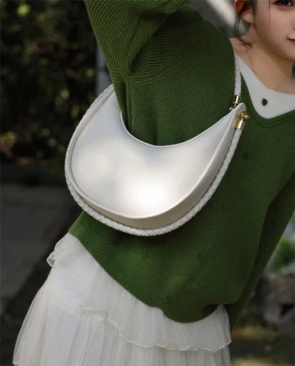 Hifashion Cowhide Genuine Leather Crescent Moon Underarm Shoulder Bags For Women 2025 Luxury Designer Woven Tote Ladies Handbags