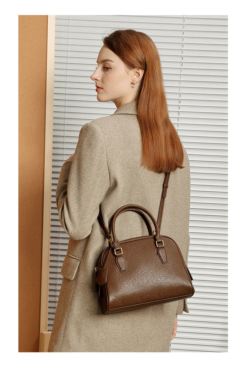 Hifashion Vintage Genuine Leather Bowling Tote Handbags For Women 2025 Luxury Designer Shell Work Ladies Shoulder Crossbody Bags