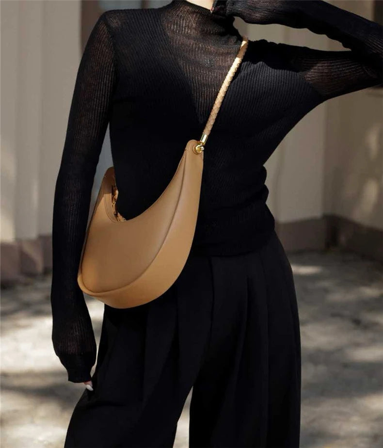 Hifashion Cowhide Genuine Leather Crescent Moon Underarm Shoulder Bags For Women 2025 Luxury Designer Woven Tote Ladies Handbags