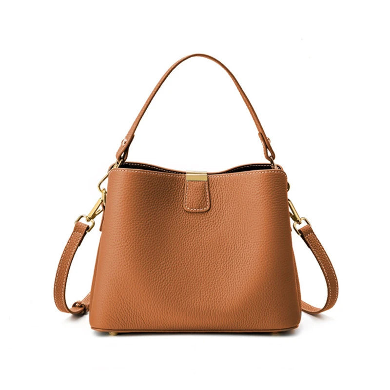 Hifashion 100% Cow Genuine Leather Bucket Shoulder Crossbody Bags For Women 2025 Luxury Designer Wide Strap Tote Ladies Handbags