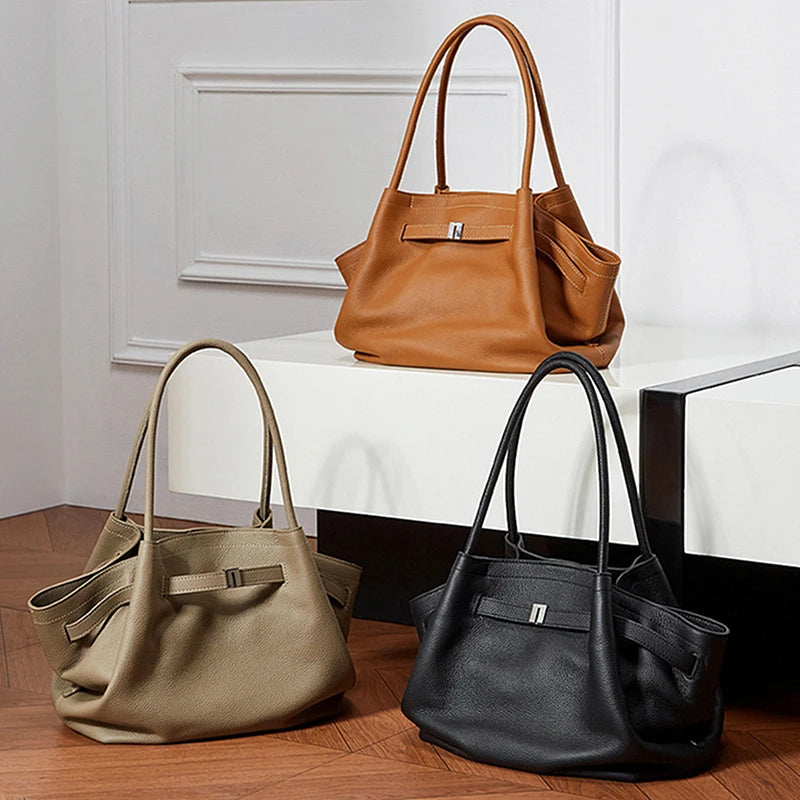 Hifashion Cowhide Genuine Leather Tote Shoulder Bags For Women 2025 Trend Designer Pleated Work Shopper Underarm Ladies Handbags