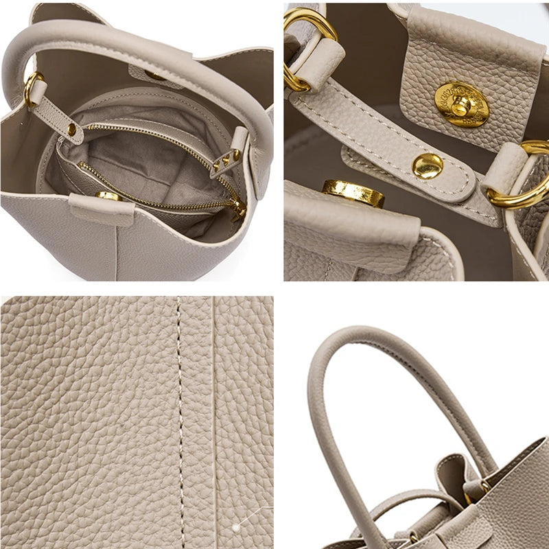 Hifashion Cowhide Genuine Leather Bucket Small Shoulder Bags For Women 2025 Luxury Designer Crossbody Purse Tote Ladies Handbags