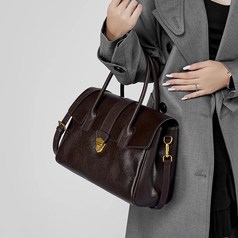 Hifashion Cowhide Genuine Leather Large Tote Handbags For Women 2025 Luxury Designer Top Handle Briefcase Satchel Shoulder Bags