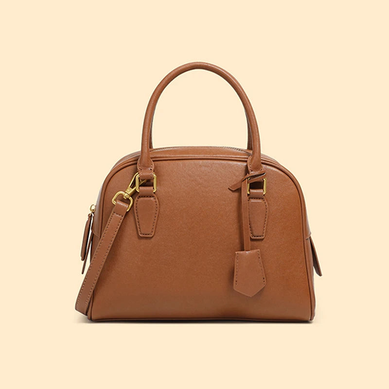 Hifashion Vintage Genuine Leather Bowling Tote Handbags For Women 2025 Luxury Designer Shell Work Ladies Shoulder Crossbody Bags
