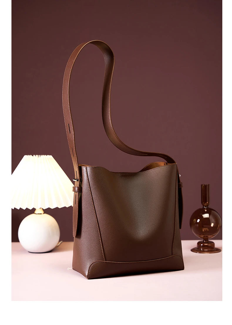 Hifashion Trendy Cow Genuine Leather Bucket Shoulder Bags For Women 2025 Luxury Designer Shopping Work Crossbody Ladies Handbags