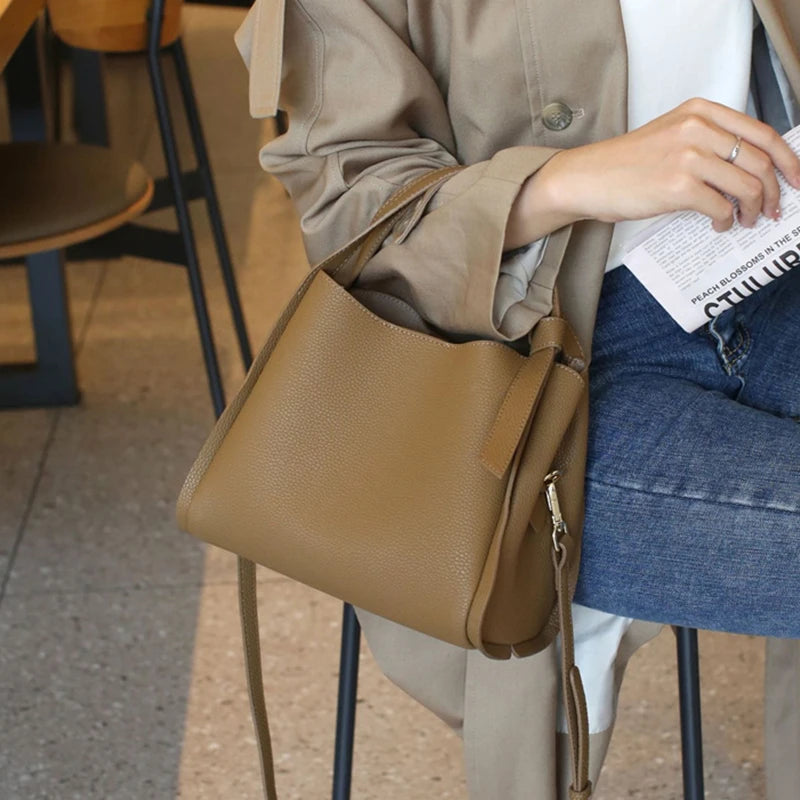 Hifashion Vintage Cow Genuine Leather Bucket Tote Shoulder Bags For Women 2025 Luxury Designer Shopper Crossbody Ladies Handbags