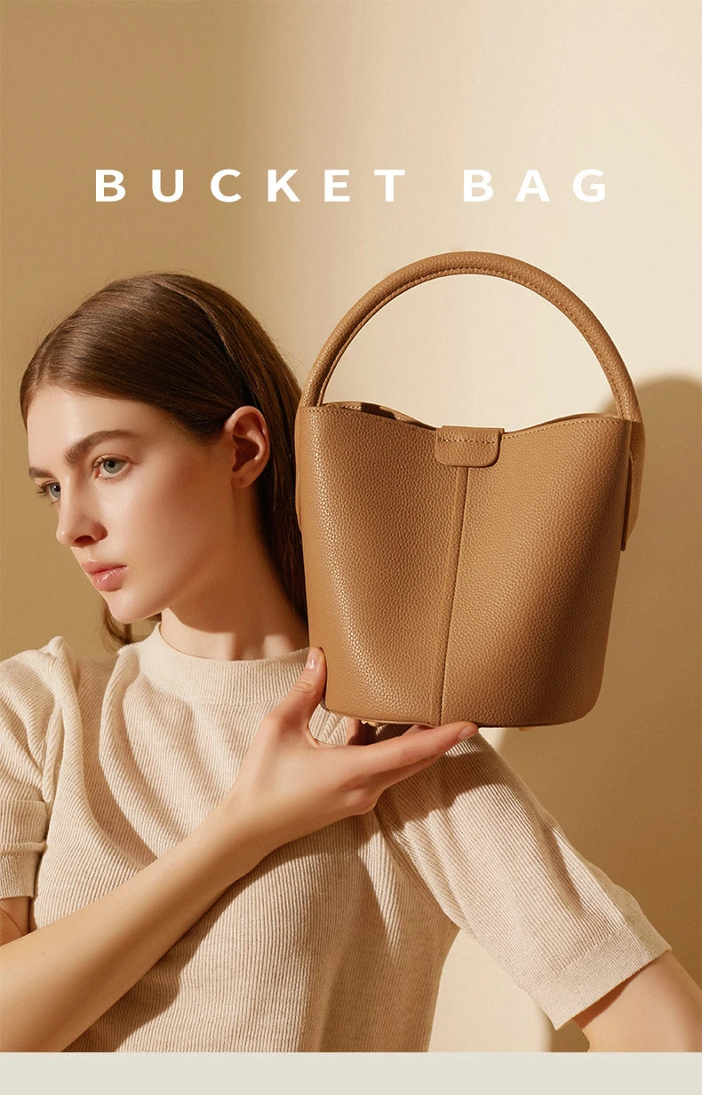 Hifashion Cowhide Genuine Leather Bucket Small Shoulder Bags For Women 2025 Luxury Designer Crossbody Purse Tote Ladies Handbags