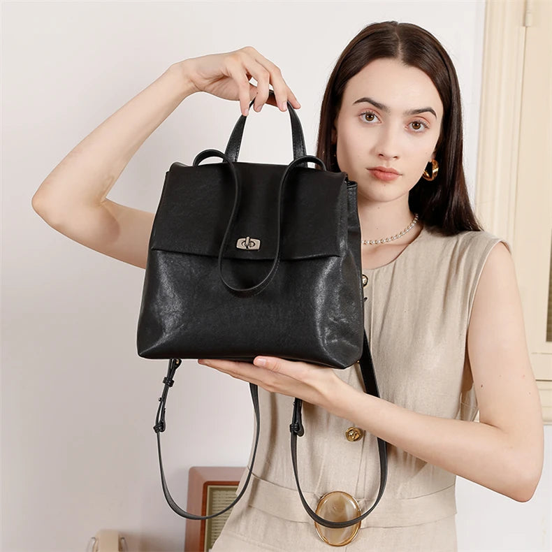 Hifashion Vintage Genuine Leather Backpack For Women 2025 Trend Designer Top Flap College Girls School Bags Work Travel Bagpack