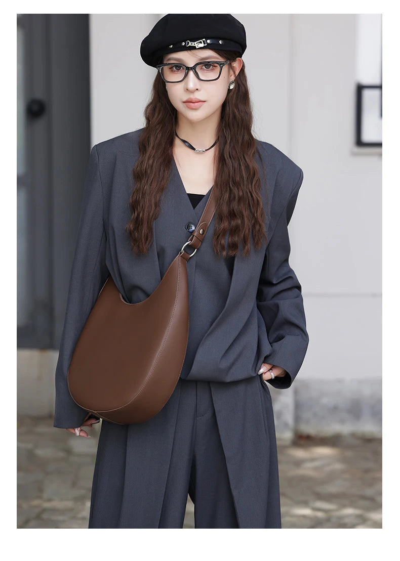 Hifashion Trendy Genuine Leather Crescent Underarm Shoulder Bags For Women 2025 Luxury Designer Hobos Half Moon Tote Handbags