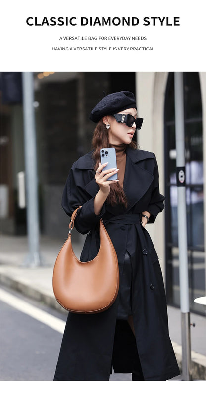 Hifashion Trendy Genuine Leather Crescent Underarm Shoulder Bags For Women 2025 Luxury Designer Hobos Half Moon Tote Handbags