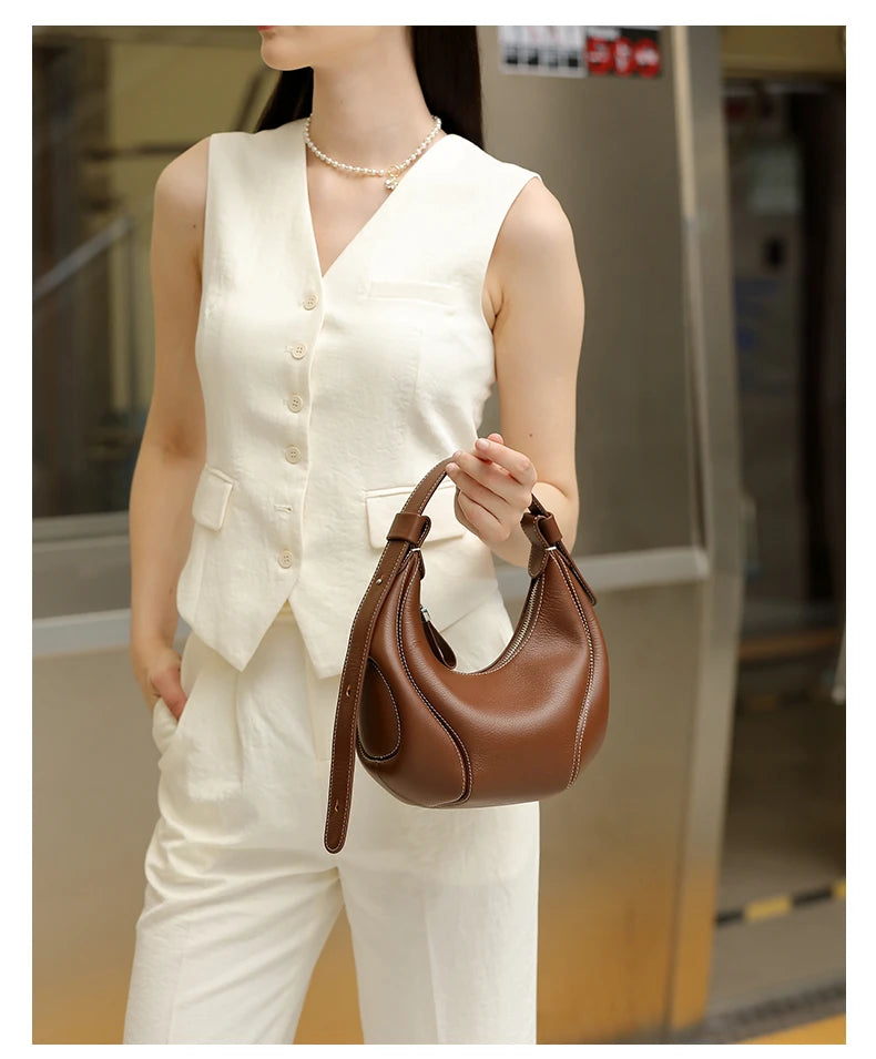 Hifashion Cowhide Genuine Leather Half Moon Crossbody Shoulder Bags For Women 2025 Trend Designer Hobo Underarm Ladies Handbags