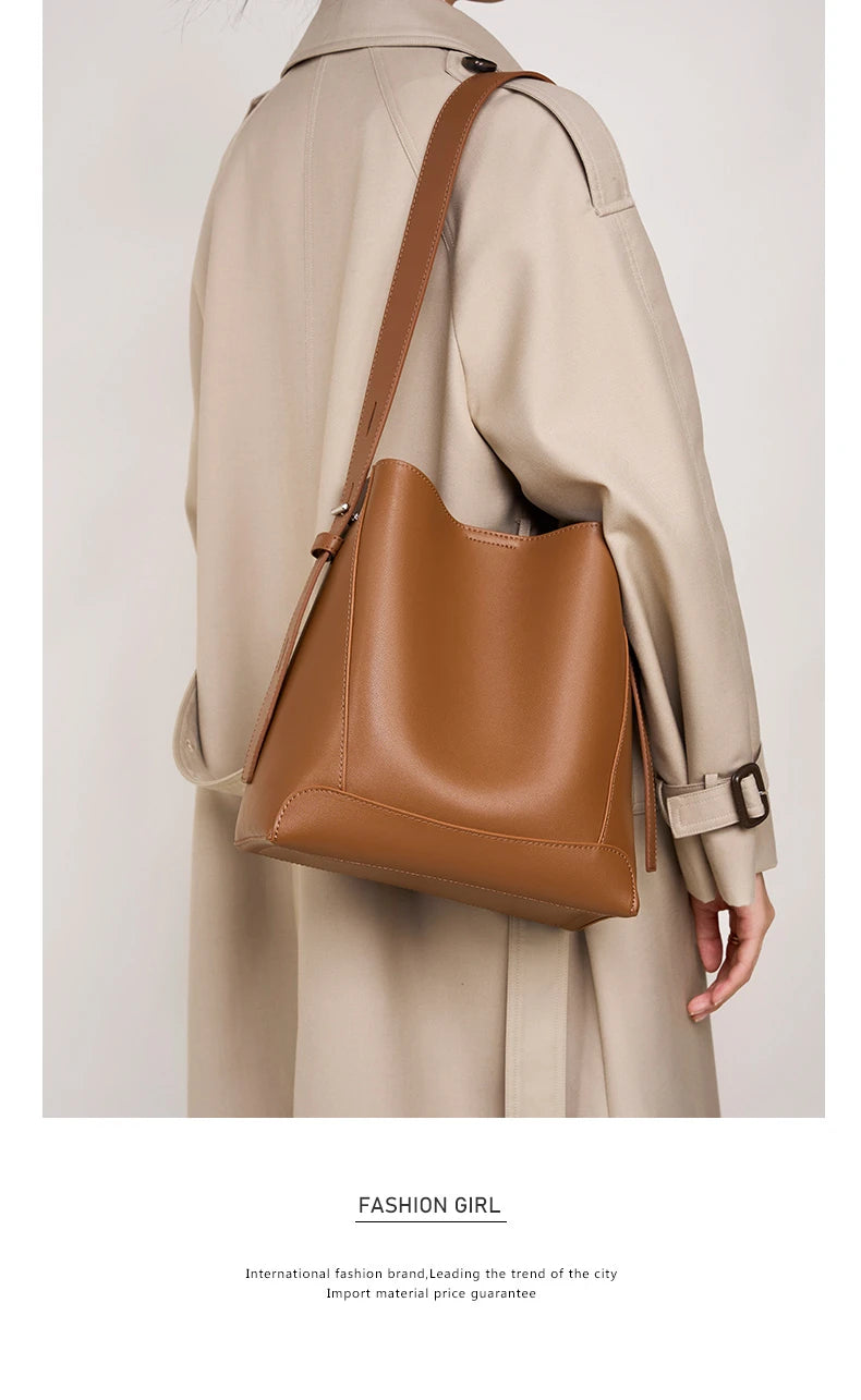 Hifashion Trendy Cow Genuine Leather Bucket Shoulder Bags For Women 2025 Luxury Designer Shopping Work Crossbody Ladies Handbags