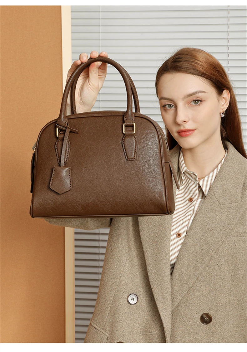 Hifashion Vintage Genuine Leather Bowling Tote Handbags For Women 2025 Luxury Designer Shell Work Ladies Shoulder Crossbody Bags